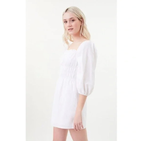 NWT Charlie Holiday Boheme Smocked Puff Sleeve Mini Dress in White - Picture 2 of 4
